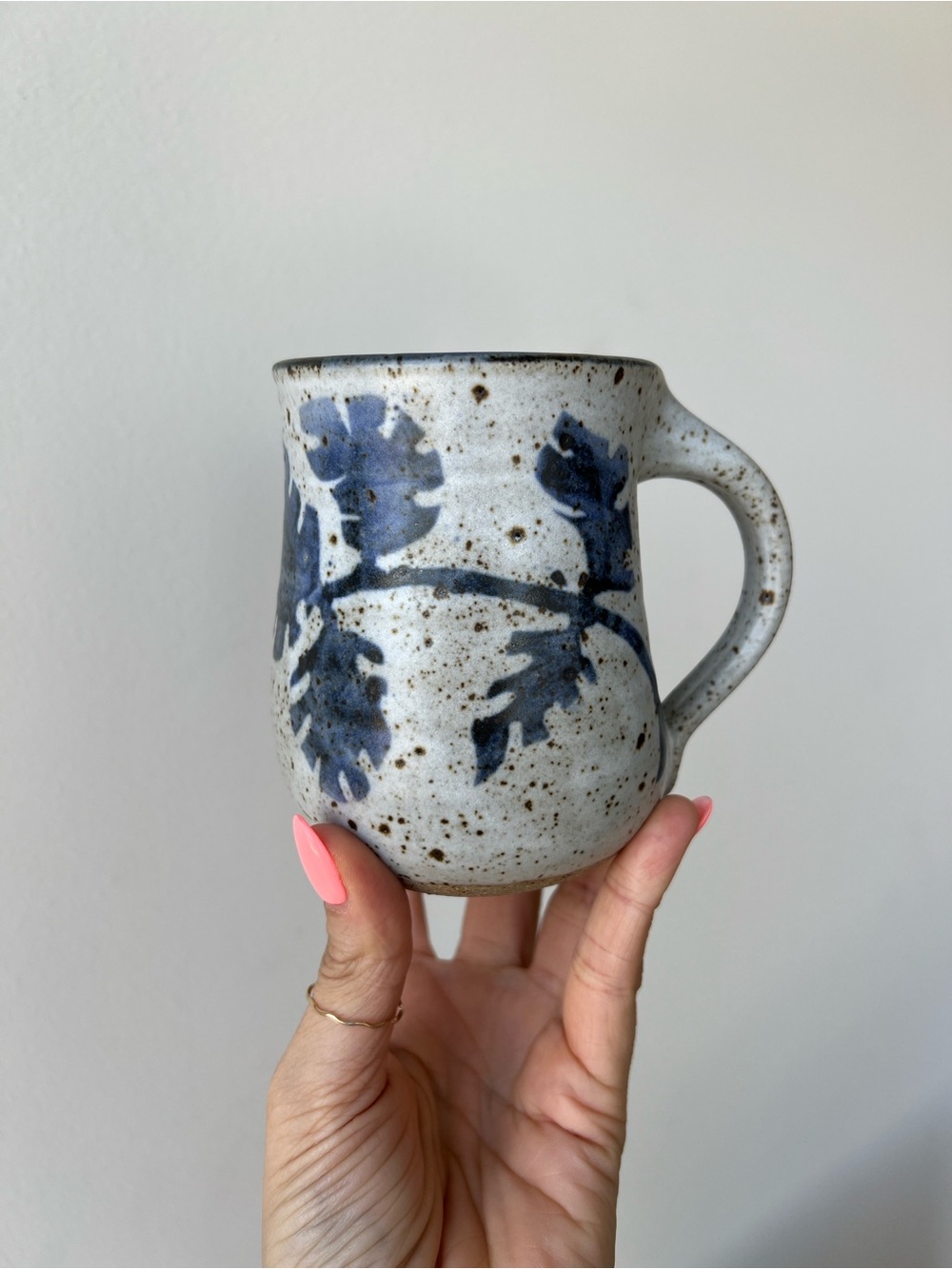 Handmade Speckled Pottery Mug Leaf Botanical Vintage
